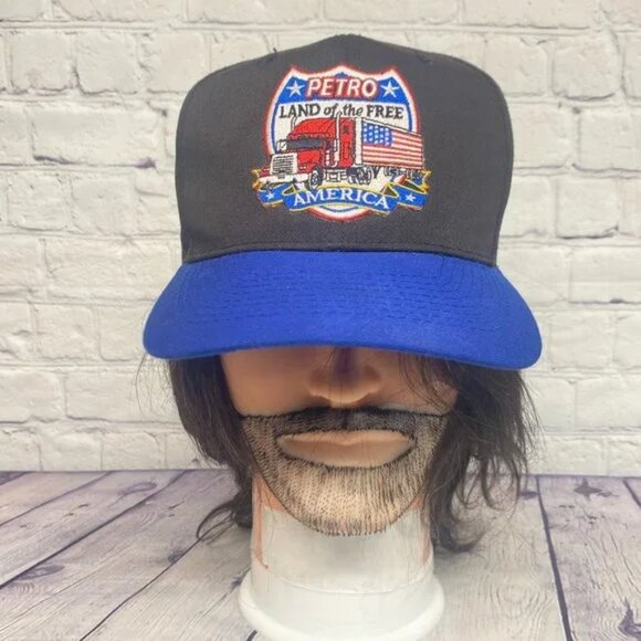 Vintage Hat Cap Snapback Black Blue Petro America Land of The Free - DEFECT - Picture 1 of 12